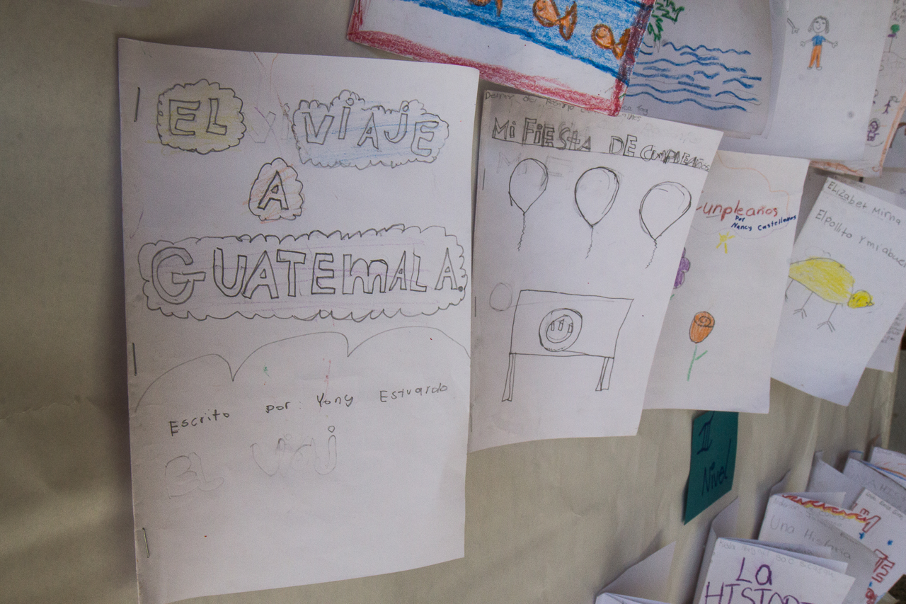 Student writing journals on display.